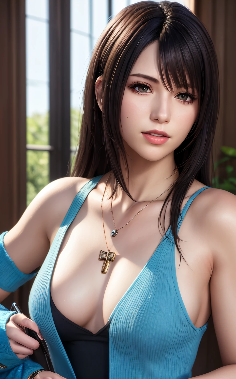 rinoa, blue duster, blue wristbands, holding necklace, portrait body, unparalleled masterpiece, ultra realistic 8k CG, perfect artwork, clean, beautiful face, pure face, pale skin, intricate detail, prestige, gorgeous, luxury, fancy ballroom