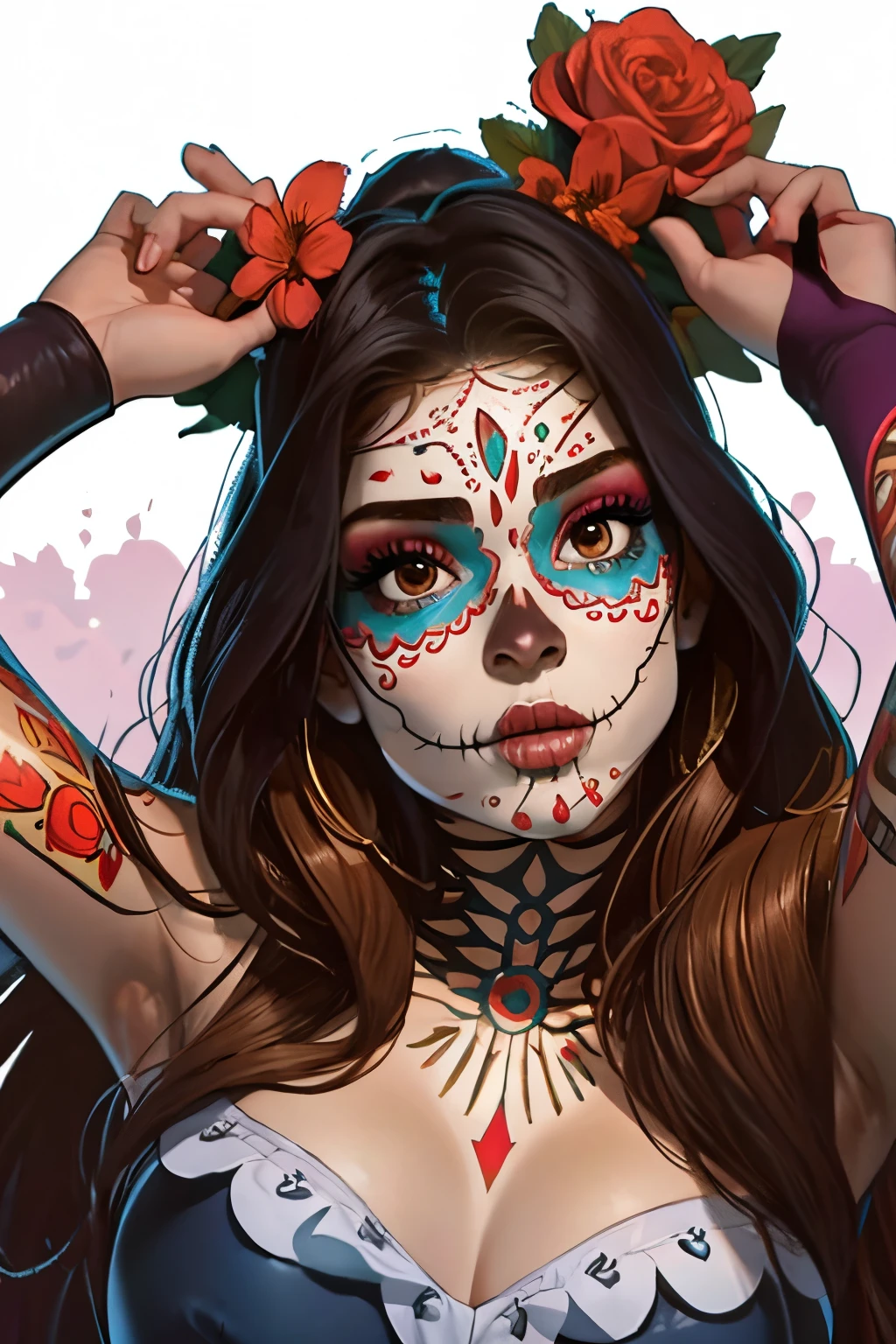 beautiful Mexican girl, stunning face, half body shot, J Scott Campbell style, 8k, ultra sharp, skull makeup