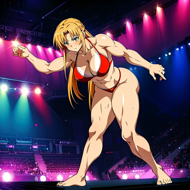 Anime, High quality full body image of Asuna as a bodybuilder in a tight bikini, String Tanga, ohne Schuhe, feet, barefeet, massive muscle Body, huge Muscular shoulders, massive Big Bizeps mit Adern, muscle legs, massive muscular abs, Bizeps flex. posing, her sweating, very muscular, toned body shines in the spotlight, she is standing on a stage