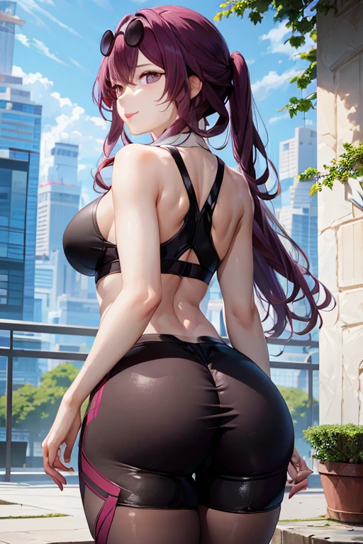 (masterpiece, best quality), high quality, absurdres, highres, ultra detailed, intricate, beautiful woman, 1girl, kafka \(honkai: star rail\), star-kafka, looking at viewer, from behind, looking back, ass, toned, sports bra, leggings, high-waist pants, yoga pants, purple hair, pink eyes, sunglasses, hair between eyes, eyewear on head, outdoors, science fiction, city, giant woman,