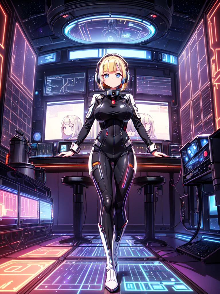 ​masterpiece:1.4, 1girl in ((20yr old, Wearing a futuristic white and silver costume, Tight Fit Bodysuit, long boots, Very gigantic-breasts, Multicolored blonde hair, a short bob, Perfect model body, Blue eyes:1.2, Wearing headphones, Looking out the window of the futuristic sci-fi space station、While admiring the beautiful galaxy:1.2, SFSF control room on night background:1.1, Neon and energetic atmosphere:1.2)) ((Galaxy))