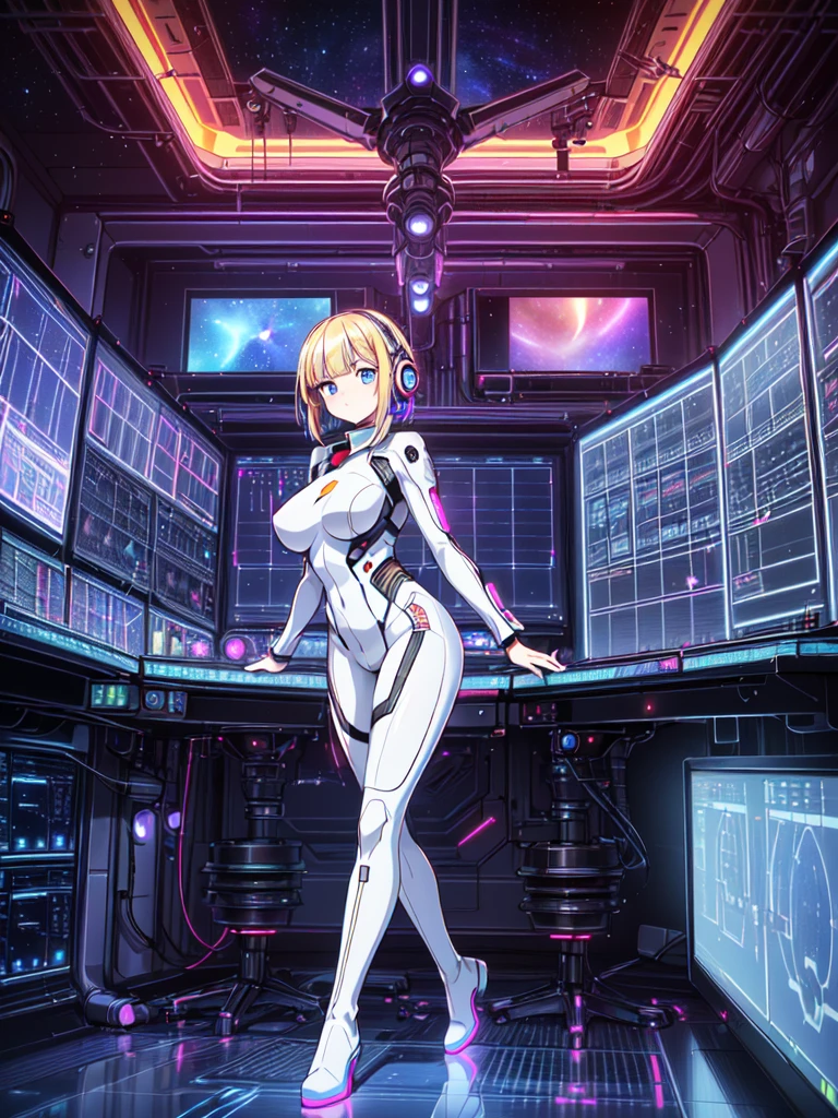 ​masterpiece:1.4, 1girl in ((20yr old, Wearing a futuristic white and silver costume, Tight Fit Bodysuit, long boots, Very gigantic-breasts, Multicolored blonde hair, a short bob, Perfect model body, Blue eyes:1.2, Wearing headphones, Looking out the window of the futuristic sci-fi space station、While admiring the beautiful galaxy:1.2, SFSF control room on night background:1.1, Neon and energetic atmosphere:1.2)) ((Galaxy))