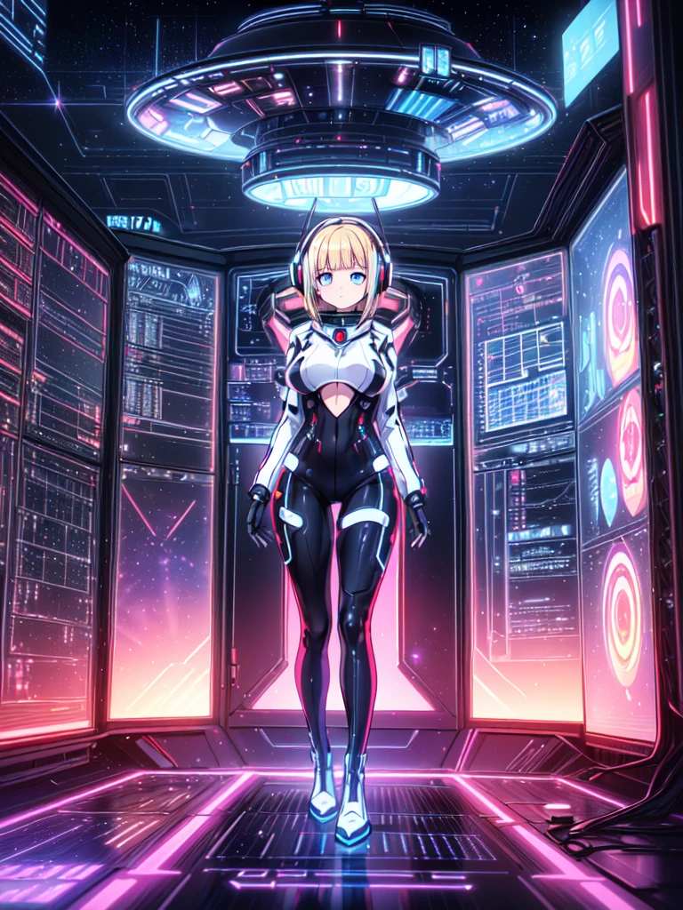 masterpiece:1.4, 1girl in ((20yr old, Wearing a futuristic white and silver costume, Tight Fit Bodysuit, long boots, Very gigantic-breasts, Multicolored blonde hair, a short bob, Perfect model body, Blue eyes:1.2, Wearing headphones, Looking out the window of the futuristic sci-fi space station、While admiring the beautiful galaxy:1.2, SFSF control room on night background:1.1, Neon and energetic atmosphere:1.2)) ((Galaxy))