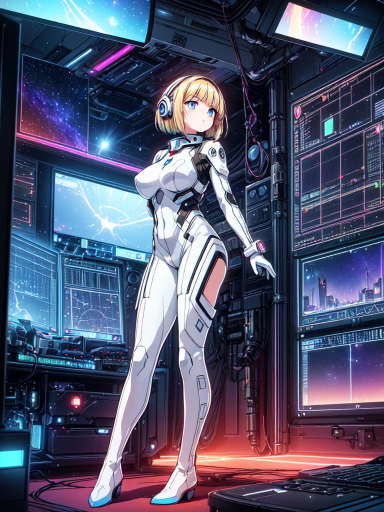 ​masterpiece:1.4, 1girl in ((20yr old, Wearing a futuristic white and silver costume, Tight Fit Bodysuit, long boots, Very gigantic-breasts, Multicolored blonde hair, a short bob, Perfect model body, Blue eyes:1.2, Wearing headphones, Looking out the window of the futuristic sci-fi space station、While admiring the beautiful galaxy:1.2, SFSF control room on night background:1.1, Neon and energetic atmosphere:1.2)) ((Galaxy))