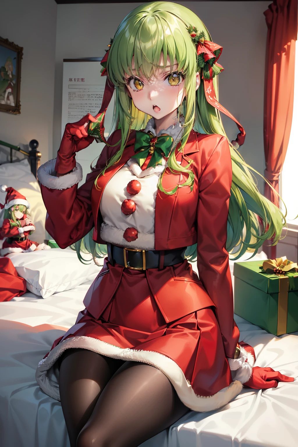 masutepiece, Best Quality, 1girl in, (c.c),Green head hair, (Green eye:1.2),(((Santa Claus clothes)))、((a miniskirt))、length hair、((embarassed expression))、((Bedroom))、((Red jacket))、((Long gloves))、((pantyhose))、((a red skirt))