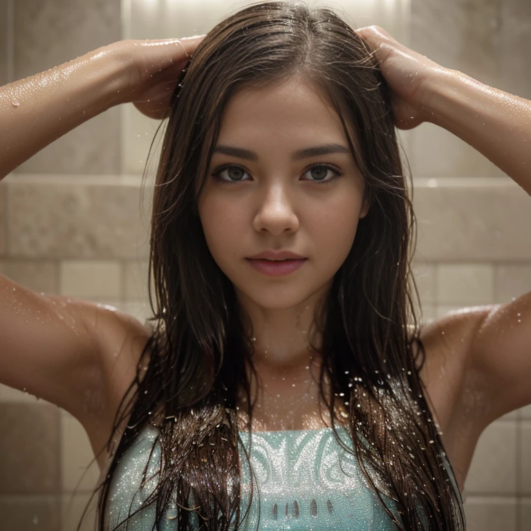 a girl with long brown hair, round and bright eyes, attractive appearance, wet hair, taking a shower with a wetlook style, capturing the beauty and allure of water droplets cascading down her face, creating a mesmerizing and refreshing visual. The image quality should be the best (best quality, 4k, 8k, highres, masterpiece:1.2), with ultra-detailed focus on every aspect, making it realistic and photorealistic (realistic, photorealistic, photo-realistic:1.37). The art style should emphasize the contrast between the wet and dry areas, with vibrant colors to enhance the overall visual impact. The lighting should be soft, diffused, and accentuate the water droplets on the girl's face and body.