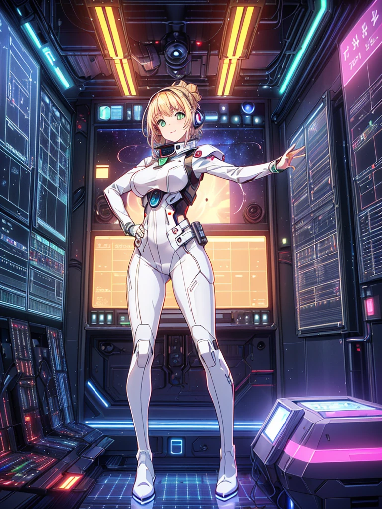 ​masterpiece:1.4, 1girl in ((20yr old, Wearing a tight, futuristic metallic white bodysuit,long boots, huge-breasted, Colorful blonde hair, Chignon,short-hair, Perfect model body, Green eyes:1.4, Wearing headphones, Flirting, Happy,  Looking out the window of the futuristic sci-fi space station、While admiring the beautiful galaxy:1.2, SFSF control room on night background:1.1, Neon and energetic atmosphere:1.2)) ((Galaxy)) ((Solo:1.6))