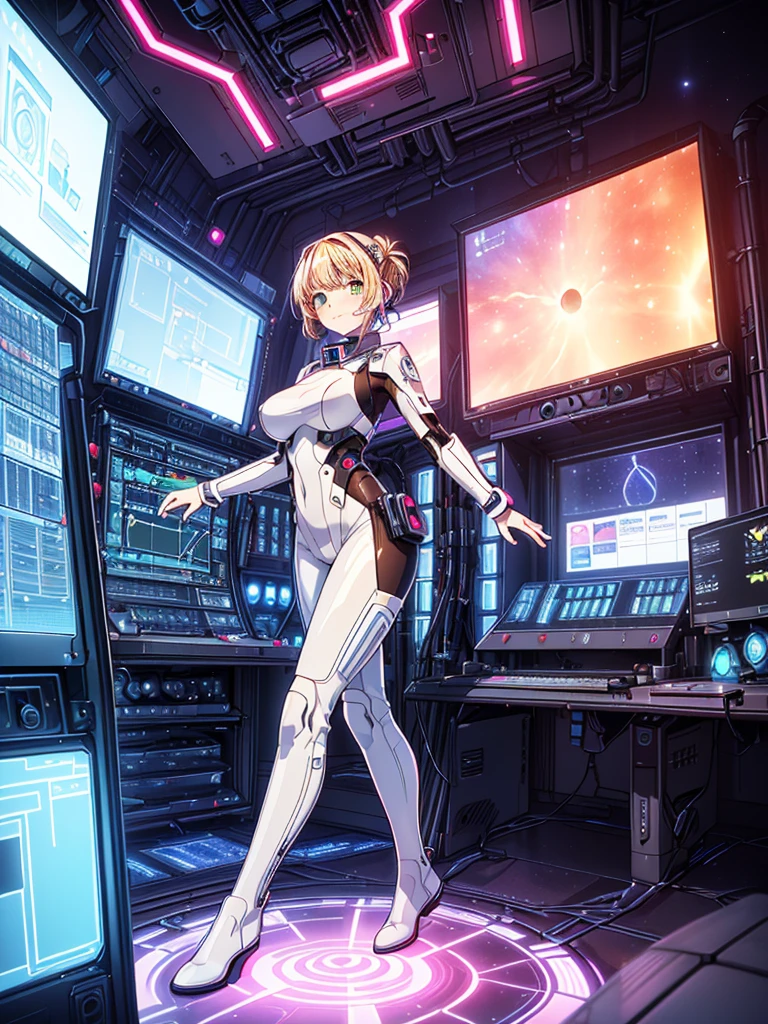 masterpiece:1.4, 1girl in ((20yr old, Wearing a tight, futuristic metallic white bodysuit,long boots, huge-breasted, Colorful blonde hair, Chignon,short-hair, Perfect model body, Green eyes:1.4, Wearing headphones, Flirting, Happy, Looking out the window of the futuristic sci-fi space station、While admiring the beautiful galaxy:1.2, SFSF control room on night background:1.1, Neon and energetic atmosphere:1.2)) ((Galaxy)) ((Solo:1.6))