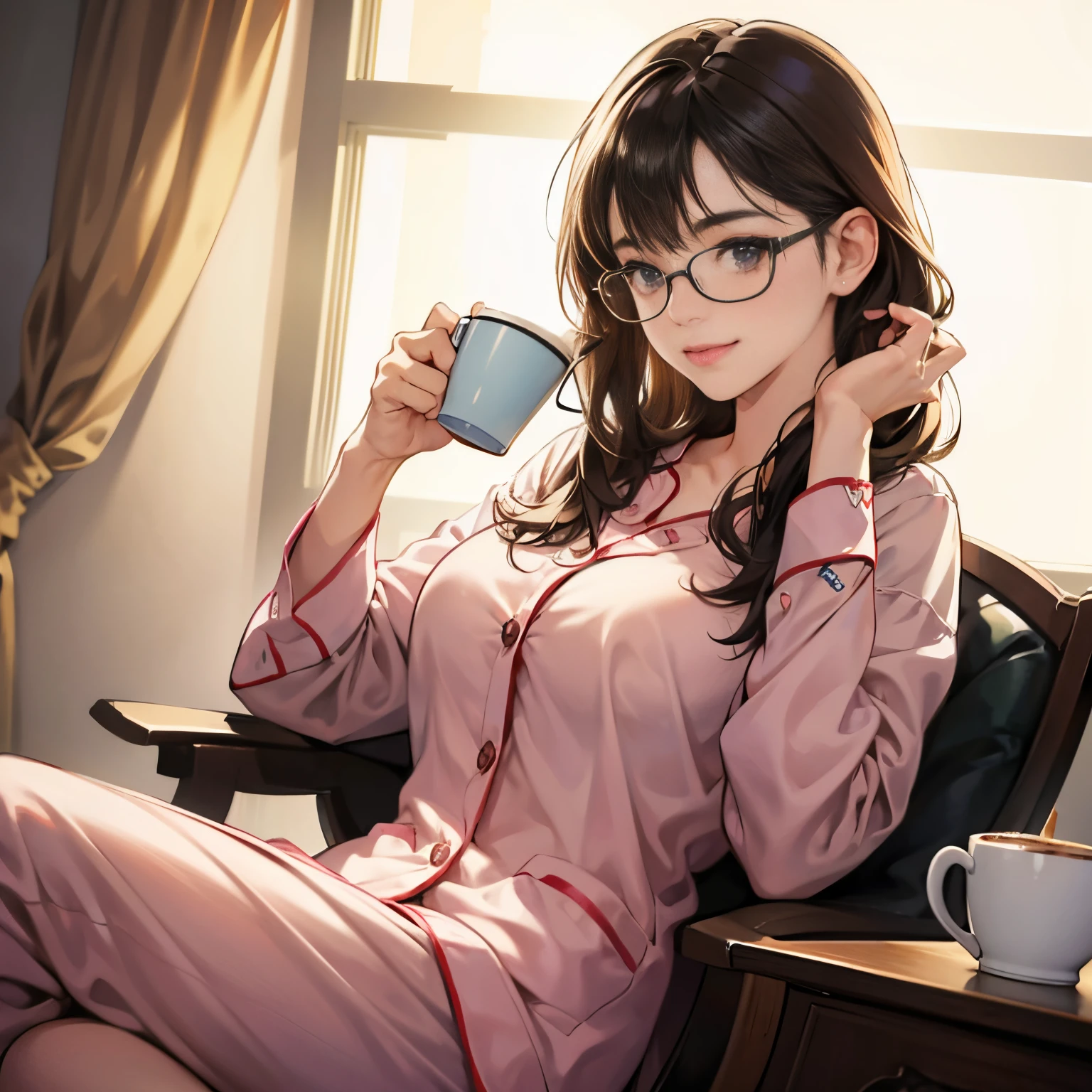 1 girl,A cute girl with glasses is wearing pajamas and drinking coffee,Staring at me,ssmile,A dark-haired,tre anatomically correct,Precise fingers,Colossal tits,Hold the coffee cup with both hands,sitting in the chair,photorealisim,​masterpiece,