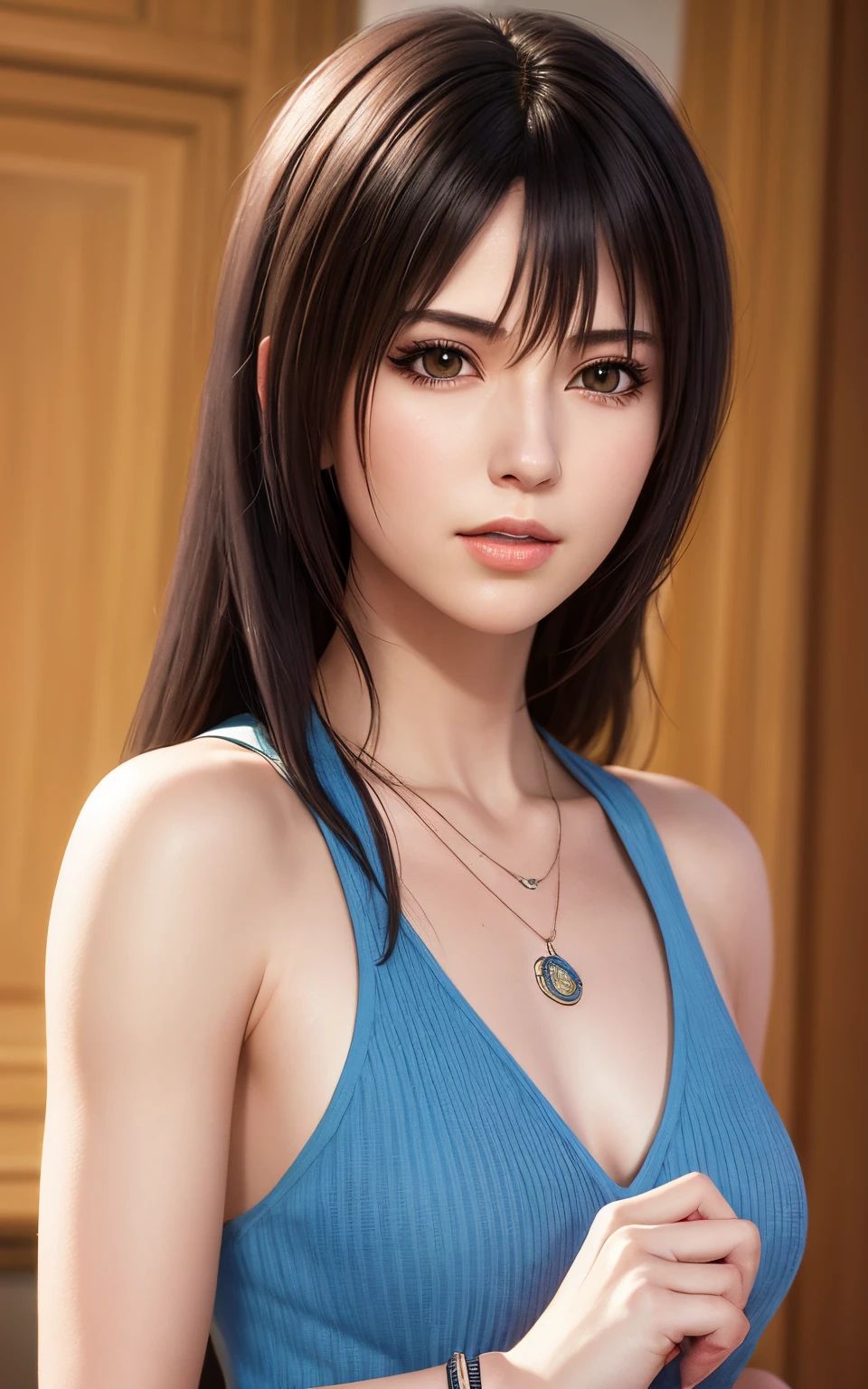 rinoa, blue duster, blue wristbands, holding necklace, portrait body, unparalleled masterpiece, ultra realistic 8k CG, perfect artwork, clean, beautiful face, pure face, pale skin, intricate detail, prestige, gorgeous, luxury, fancy ballroom