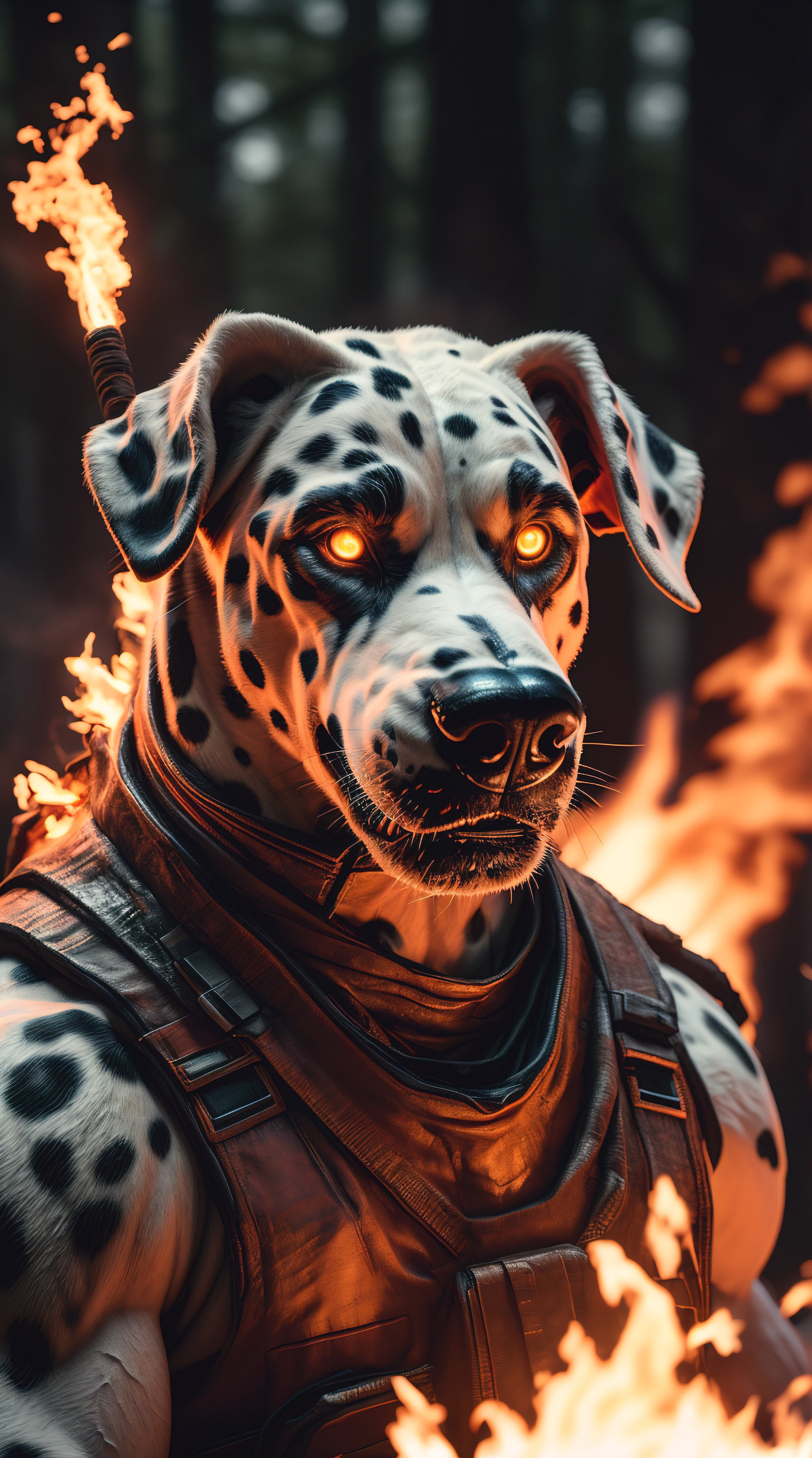 (best quality,16k,32k,Altas,master part:1.2),ultra-detalhado,(Realistic,fotorrealista,photo-realistic:1.37),(final Orochi Dalmatian) bright golden eyes realistic fire background of totally destroyed burning forest alone looking at camera serious expression.