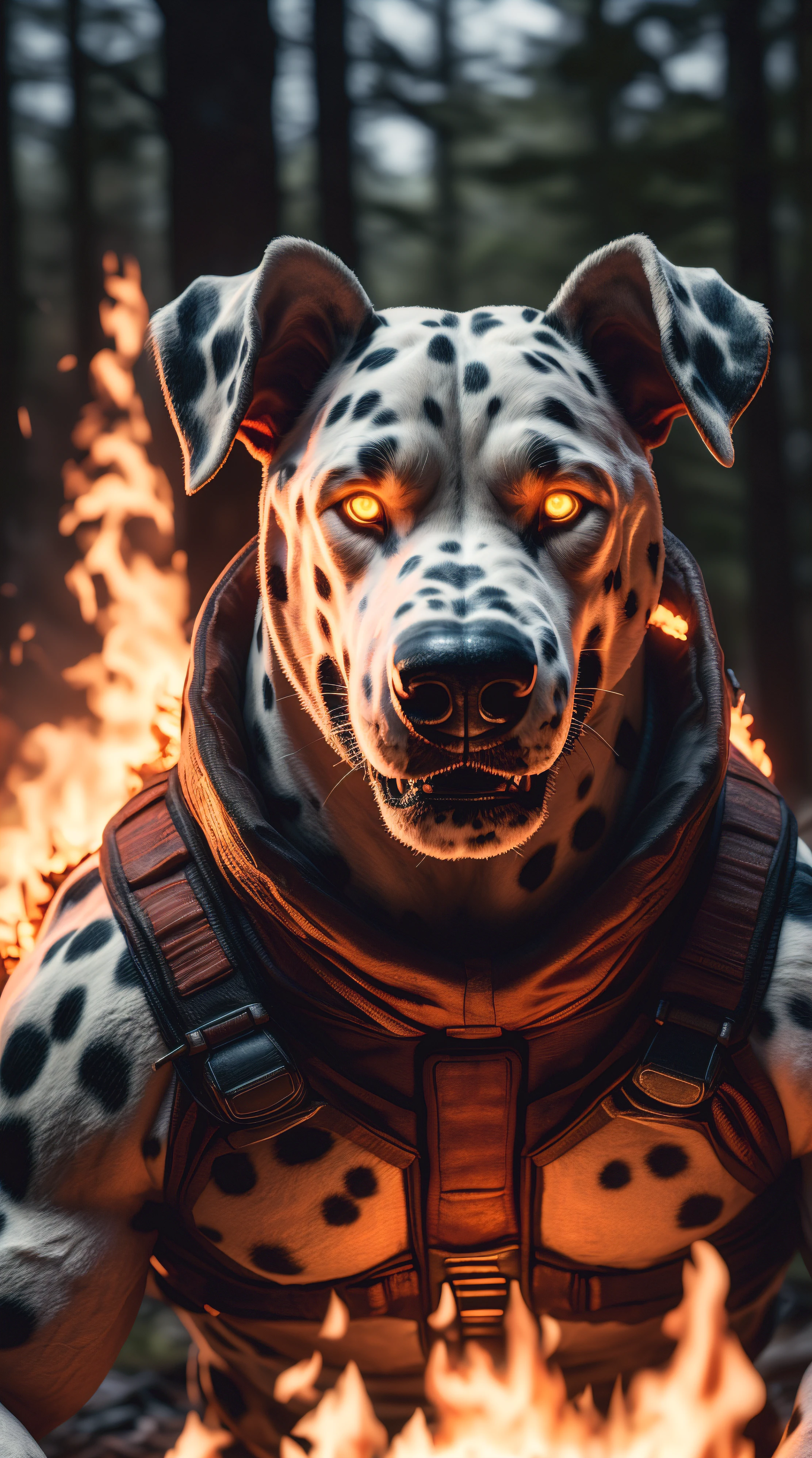 (best quality,16k,32k,Altas,master part:1.2),ultra-detalhado,(Realistic,fotorrealista,photo-realistic:1.37),(final Orochi Dalmatian) bright golden eyes realistic fire background of totally destroyed burning forest alone looking at camera serious expression.