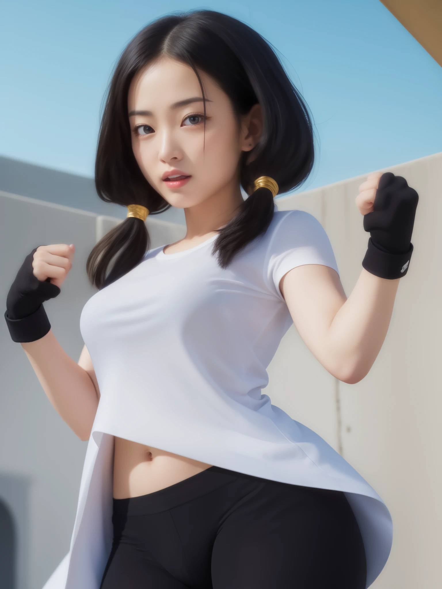 top-quality, 8K, ultra-detailliert, Photorealsitic, close up of face, ​masterpiece, top-quality, hight resolution, dragon balls, whiteshirt、black under wear, biologically correct、Opening Mouth、punch, A dark-haired、low twintails、The eye、Background in the city、Thin eyebrows、Wearing black spats, Writing on clothes, Black fingerless gloves, Medium chest, plein air, cowboy  shot, Best eyes, The best lighting, Best fingers, 5-Fingers, Japan Faces