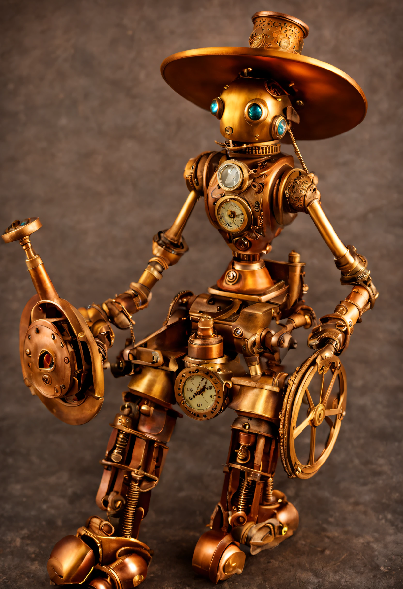 steampunk style robot witch ., Mechanicalgirl, shades of brass and copper, engrenagens, intrincado, circunstanciado