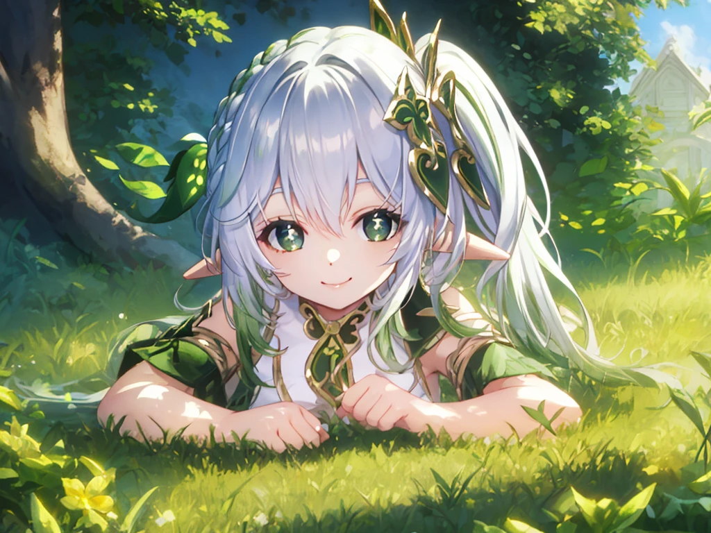 sunbathing, 8 years old, lying down, outside, smiling, sunny, bright sunlight, grass, pointy ears, hair ornament, white hair, green hairstreak, side ponytail, masterpiece, best quality