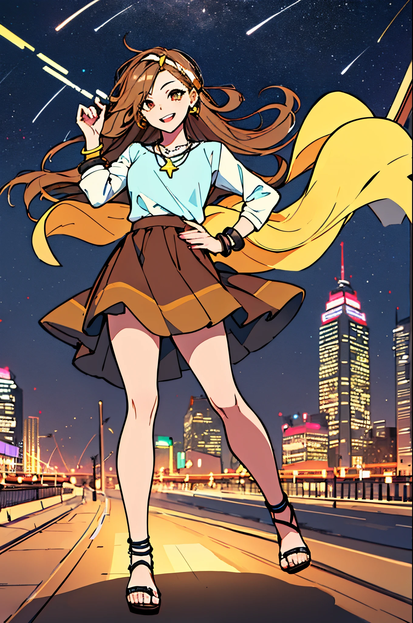 (masterpiece), best quality, expressive eyes, highres, perfect eyes, perfect face, perfect hands, 1girl, genie, zodiac, shirt over 1 shoulder, long sleeves, necklace, long Brown Hair, city background, headband, Brown eyes, Brown skirt, small bust, charismatic, crazy face, crazy eyes, crazy smile, perfect anatomy, full body, 1girl, solo, blue shirt, gold letters, graphic t-shirt, bracelets, necklace, jewelry, arm sleeves, manipulative, gaslighting, friendly, hands behind back, smile, happy, expressive, loose clothing, flowing clothing, gold accents, stars, night sky, skyline, flowing, wind, windy, standing, excited, hippie, hand on head, hand on hip, smiling, sandals, flowing hair, moving hair, moving clothes