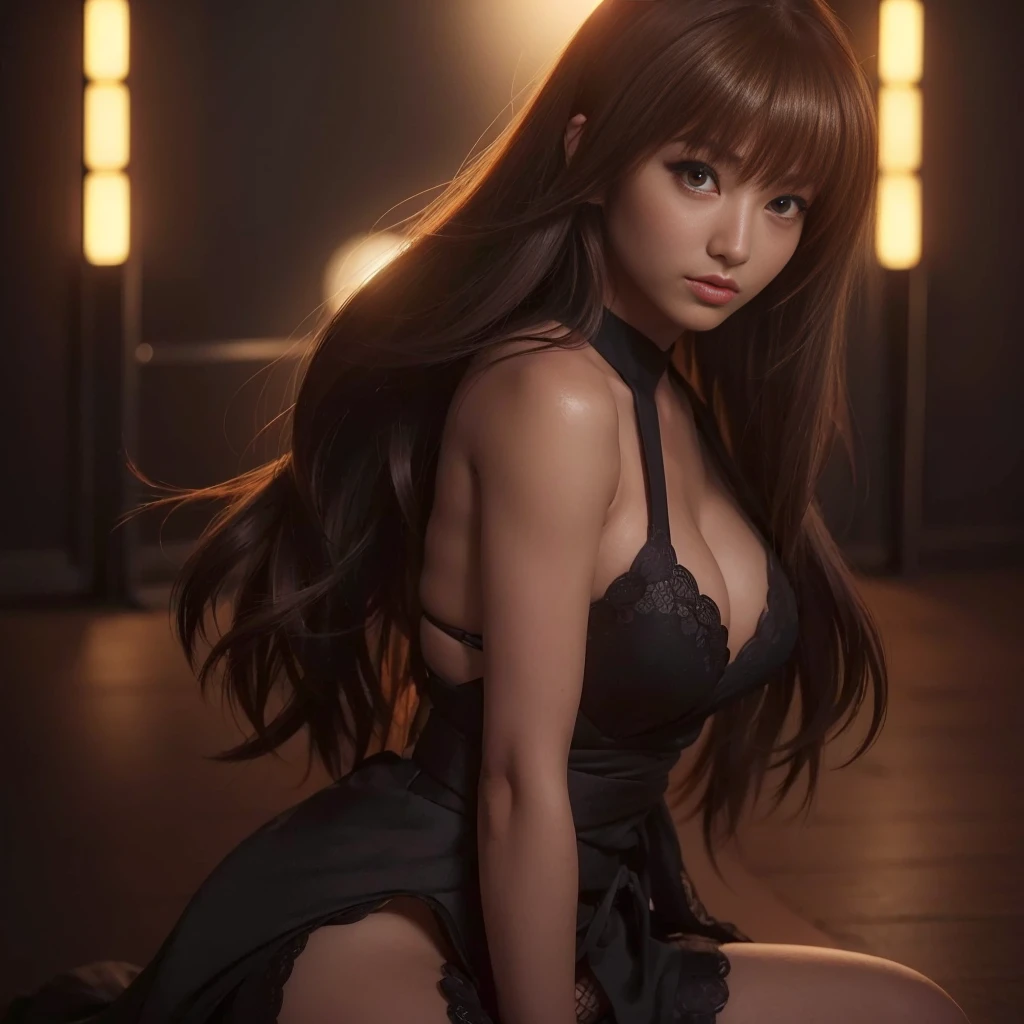 "KASUMI" (best quality,ultra-detalhado,Realistic:1.37), retrato, Detailed eyes and facial features, expression serious, olhos castanhos, textura de pele delicada e suave, Corpo Perfeito, textura ultra realista,