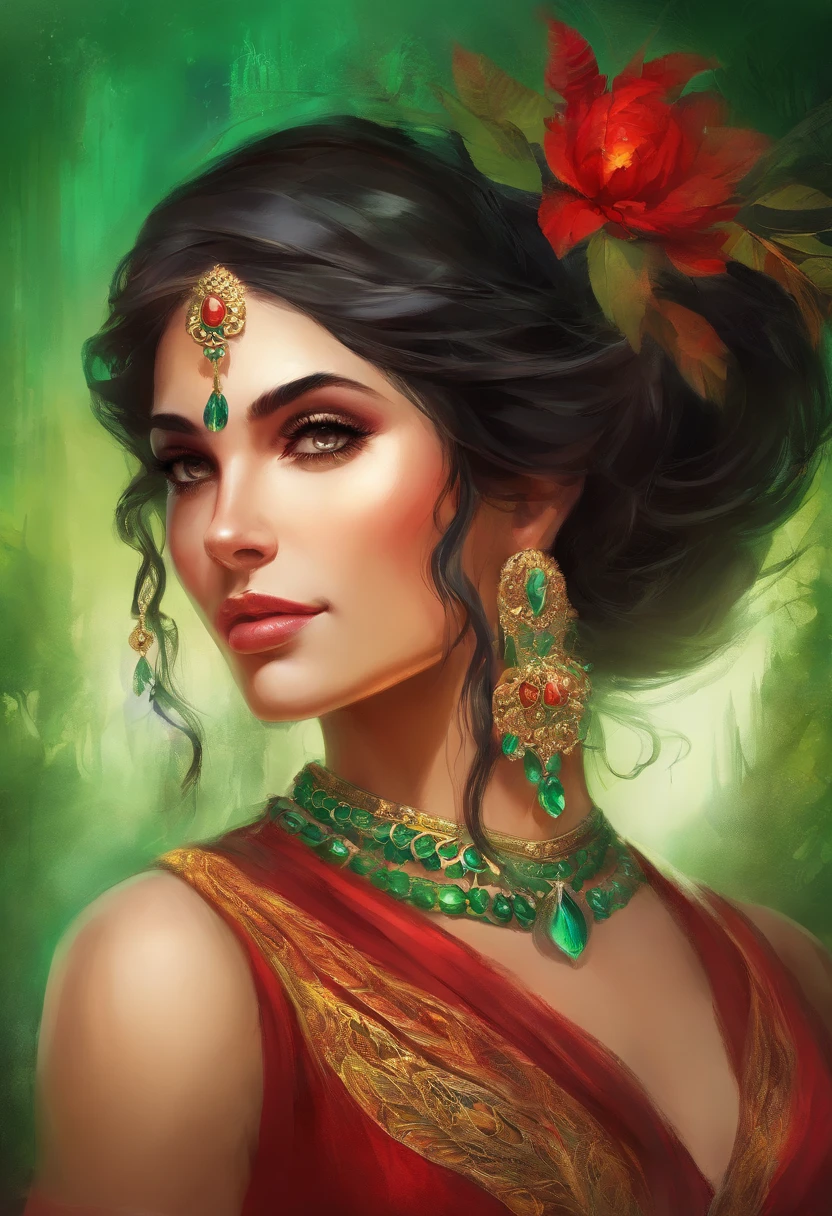 Portrait of a gypsy woman's face in high definition, big bright green eyes, full red mouth, wearing large cascading emerald earrings, red dress with neckline and silver embroidery, long black hair, woman with sexy and seductive look, looking at