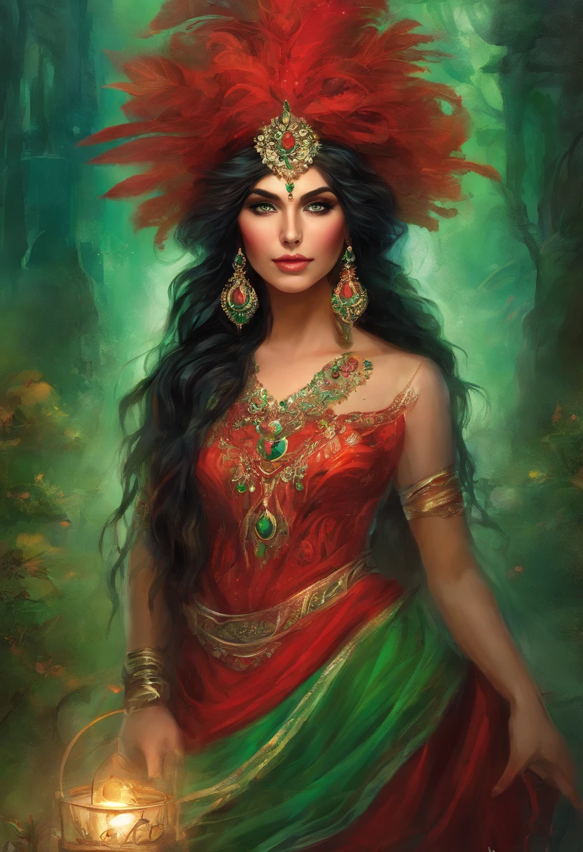 Portrait of a gypsy woman's face in high definition, big bright green eyes, full red mouth, wearing large cascading emerald earrings, red dress with neckline and silver embroidery, long black hair, woman with sexy and seductive look, looking at