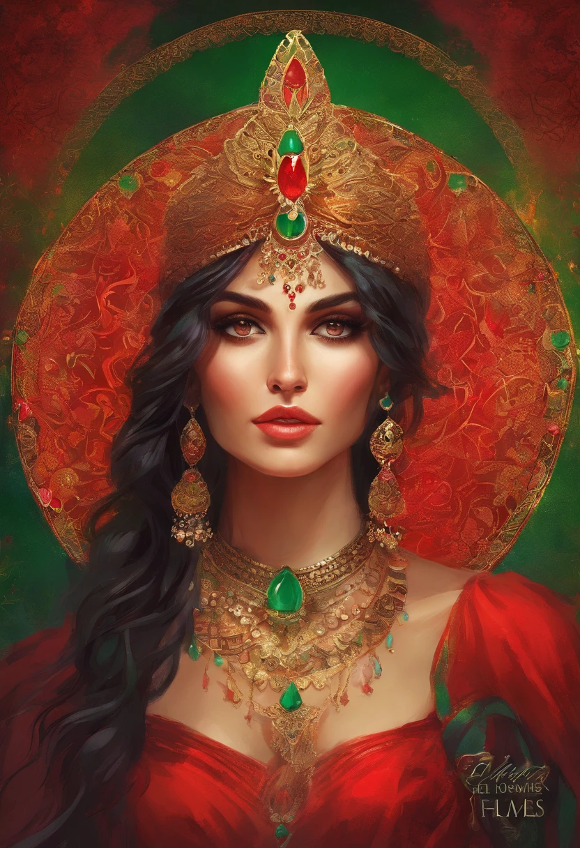 Portrait of a gypsy woman's face in high definition, big bright green eyes, full red mouth, wearing large cascading emerald earrings, red dress with neckline and silver embroidery, long black hair, woman with sexy and seductive look, looking at