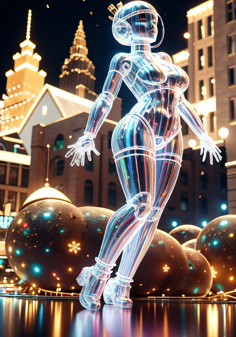 1 Transparent Glowing Christmas Mechanical Girl，Futuristic girl，Mechanical Union Christmas City Background，model shoot style, (extremely detaild的 CG unified 8k wallpapers), The beauty of abstract style,，hyper realisitc, 8K, super detailing, Best quality, Award-Awarded, Anatomically correct, 16k, super detailing
