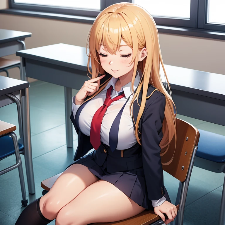 Anime style image of a girl in a very tight schoolgirl uniform in a classroom sitting on a chair with her eyes closed