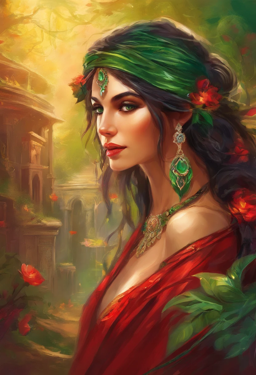 Portrait of a gypsy woman's face in high definition, big bright green eyes, full red mouth, wearing large cascading emerald earrings, red dress with neckline and silver embroidery, long black hair, woman with sexy and seductive look, looking at camera.
