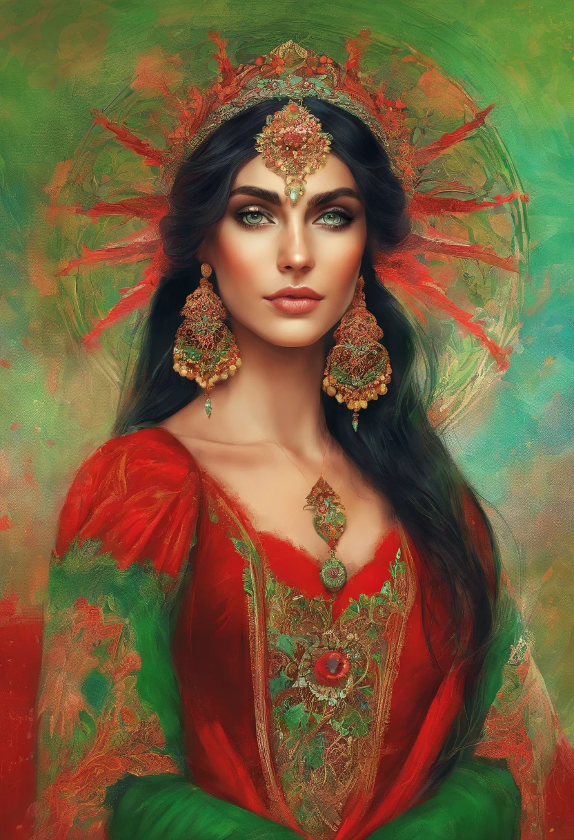 Portrait of a gypsy woman's face in high definition, big bright green eyes, full red mouth, wearing large cascading emerald earrings, red dress with neckline and silver embroidery, long black hair, woman with sexy and seductive look, looking at camera.