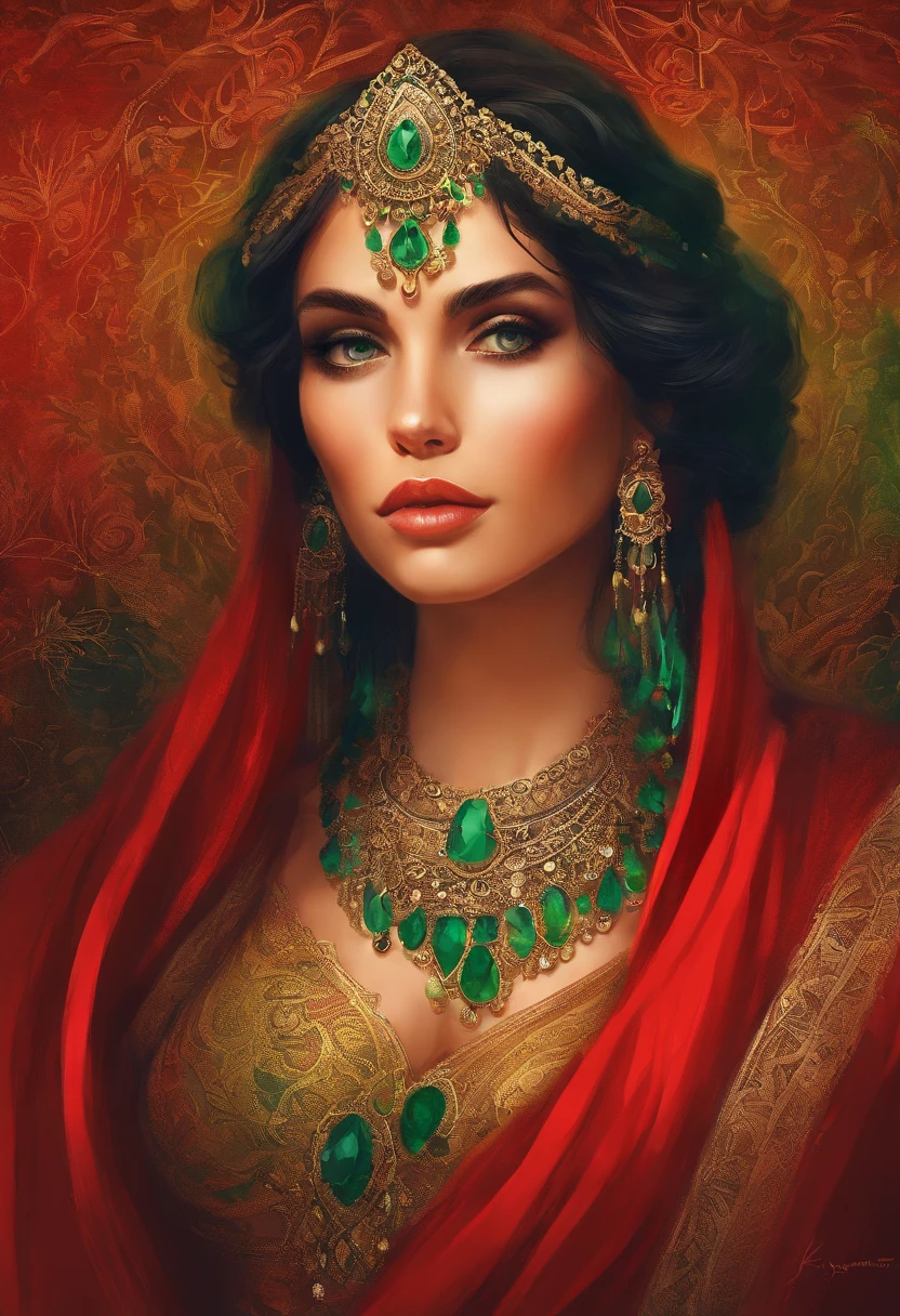 Portrait of a gypsy woman's face in high definition, big bright green eyes, full red mouth, wearing large cascading emerald earrings, red dress with neckline and silver embroidery, long black hair, woman with ???? and seductive look, looking at camera.