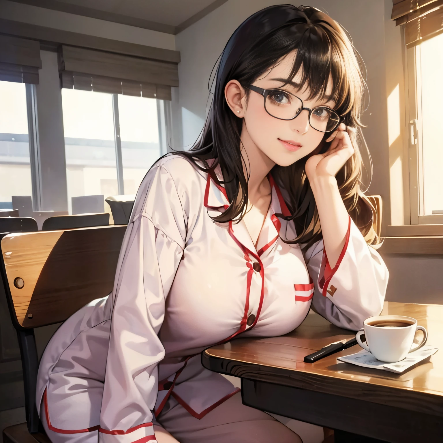 1 girl,A cute girl with glasses is wearing pajamas and drinking coffee,elementary student,Staring at me,ssmile,A dark-haired,tre anatomically correct,Precise fingers,Colossal tits,Hold the coffee cup with both hands,sitting in the chair,photorealisim,masterpiece,