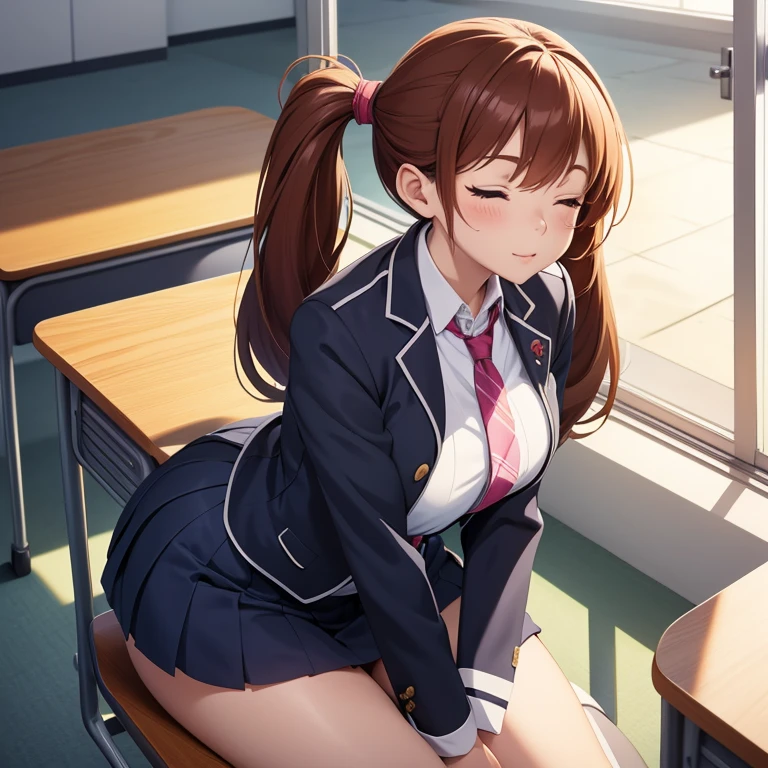 Anime style image of a girl in a very tight schoolgirl uniform in a classroom sitting on a chair with her eyes closed