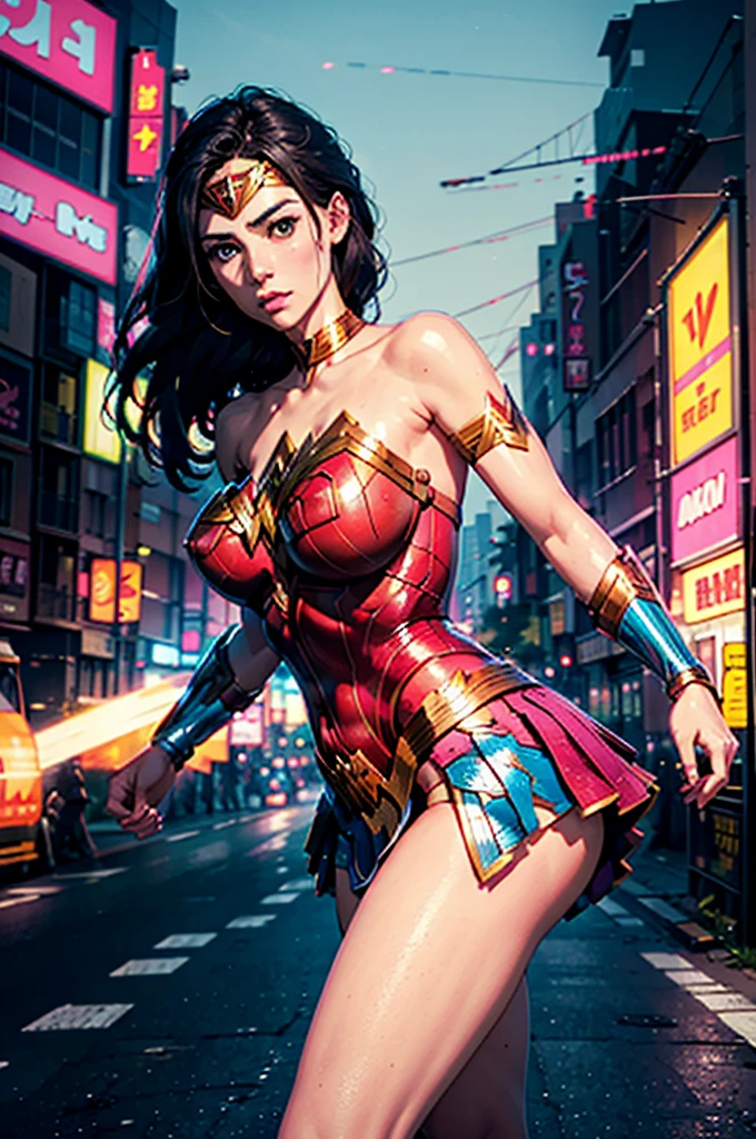 Wonder Woman in downtown Tokyo, pink and teal neon ads, about to fly off, looking at viewer with a slightly grim look, extremely cute, full body image, white satin body suit and skirt, absurdres, high res, ultrasharp, 8K, masterpiece