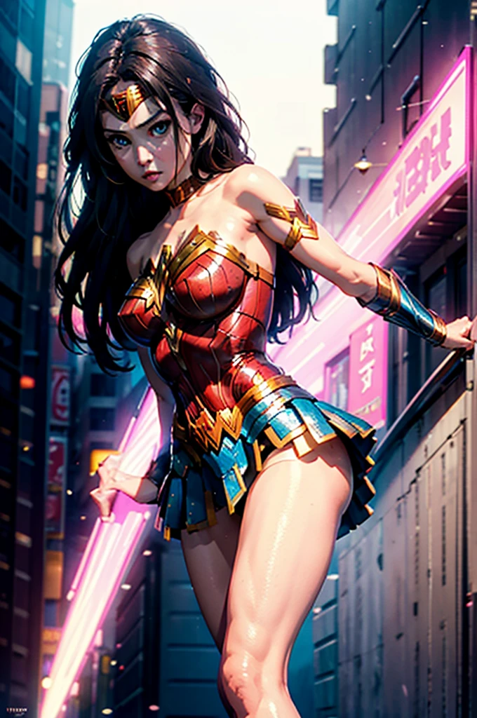 Wonder Woman in downtown Tokyo, pink and teal neon ads, about to fly off, looking at viewer with a slightly grim look, extremely cute, full body image, white satin body suit and skirt, absurdres, high res, ultrasharp, 8K, masterpiece