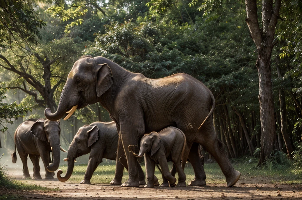 A serene yet tense scene unfolds in a dark, landslide-affected cardamom forest in Kerala at night. A rain-drenched elderly Kerala woman, covered in mud, runs through the forest in a sari, holding a two--old e is accompanied by her 30-year-old daughter, also dressed in a traditional, muddy sari. They see an elephant in the distance and look frightened. The scene is captured from the front view of the elephant and the back view of the elderly woman, her daughter, and the baby. Detailud textures, glowing raindrops, and a distant lightning bolt create a dramatic atmosphere. Lush, wet foliage and a misty sky add depth. The mood is a mix of fear and urgency. Realistic photography with a Canon EOS 5D Mark IV, f/2.8, ISO 4000. Negative prompt: bright daylight, clean clothing, absence of rain, cartoonish elements, modern setting.