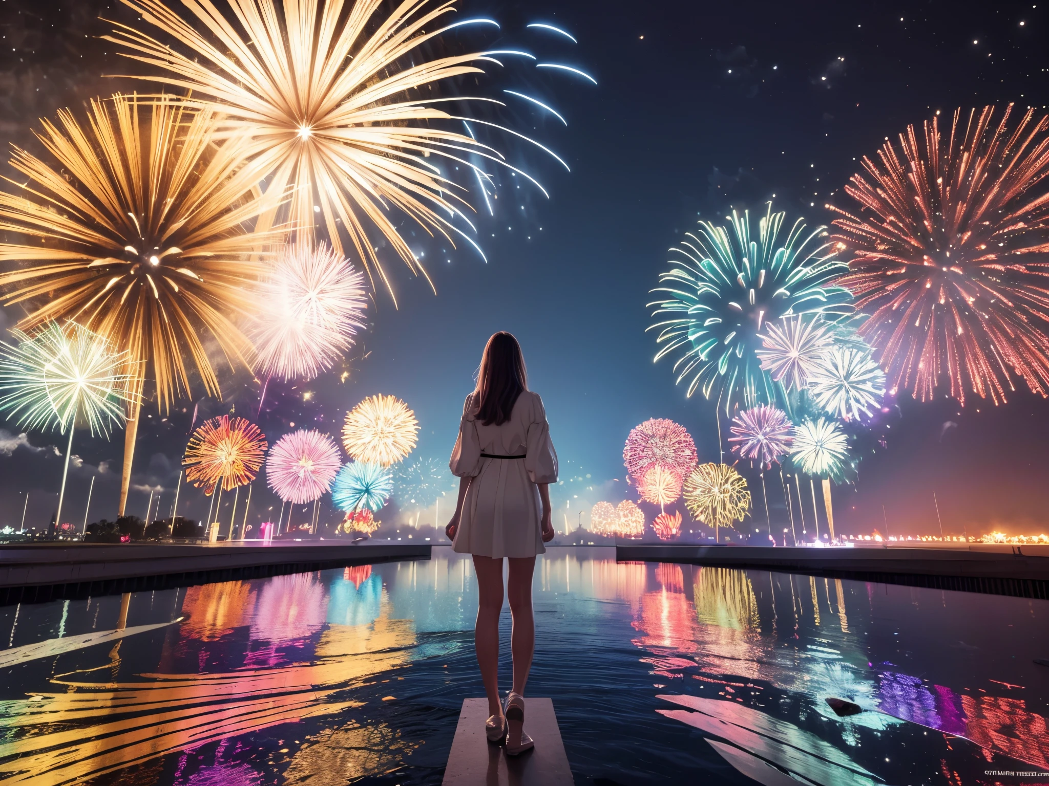 Envelop the scene in an aura of fractal energy as a colossal time capsule explodes into a kaleidoscope of 3D fireworks, revealing moments from the past year.