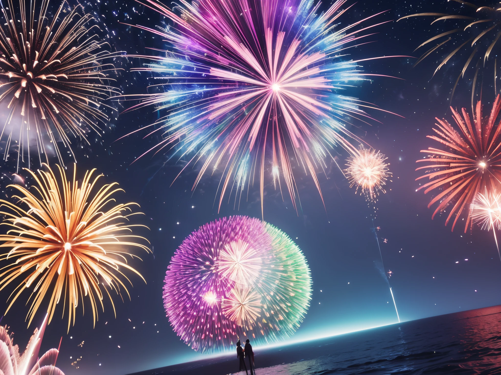 Envelop the scene in an aura of fractal energy as a colossal time capsule explodes into a kaleidoscope of 3D fireworks, revealing moments from the past year.