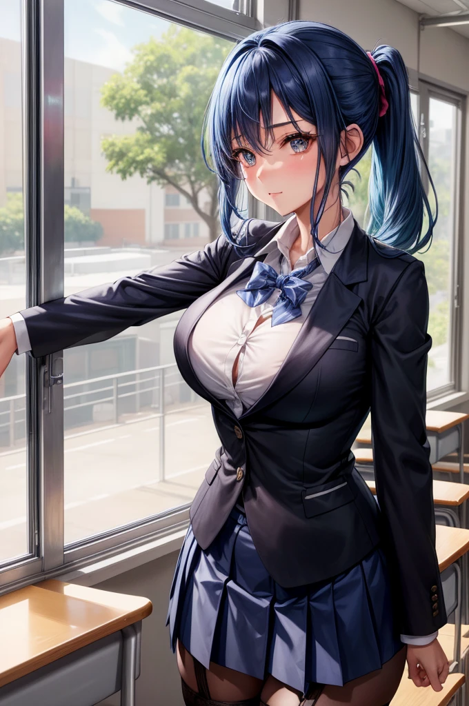 1girl face, blue hair, shy, modest, 1girl, large breasts, huge chest, short pony tail,, skirt, school uniform, shirt, outdoor, slim body, garter belt, blazer, classroom