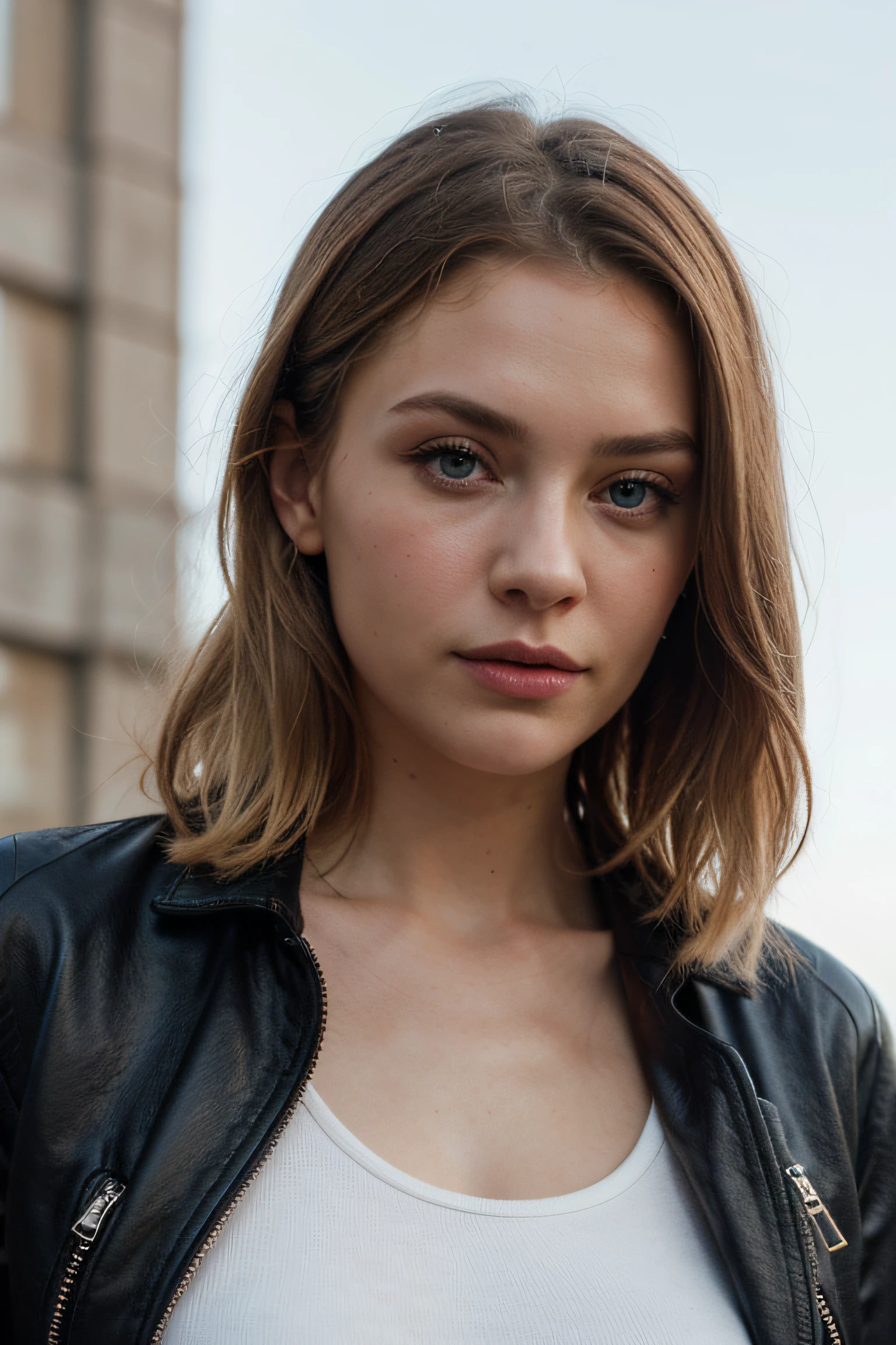 Extremely realistic blonde Russian girl with blonde hair and blue eyes, wearing a black leather jacket, white top, entire upper body, looking at the sky, not portrait
