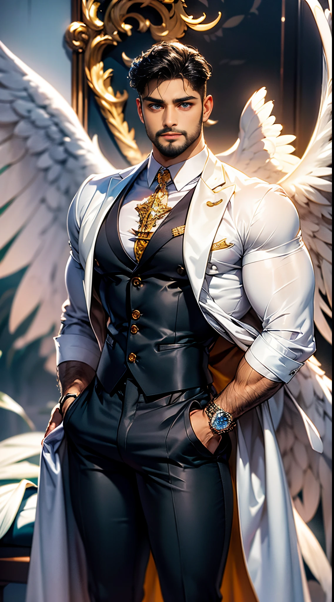 (best quality,ultra-detailed,realistic:1.37), Daegan Tronos Character(1), handsome, dark skin, dark-tanned, perfect wings angel, symmetrical wings,blue eyes,small beard, medium-long haircut,casual outfit, urban italian clothing, trench coat, man stance, attractive,vibrant colors, modern long outfit, fight punch pose, epic wallpaper.