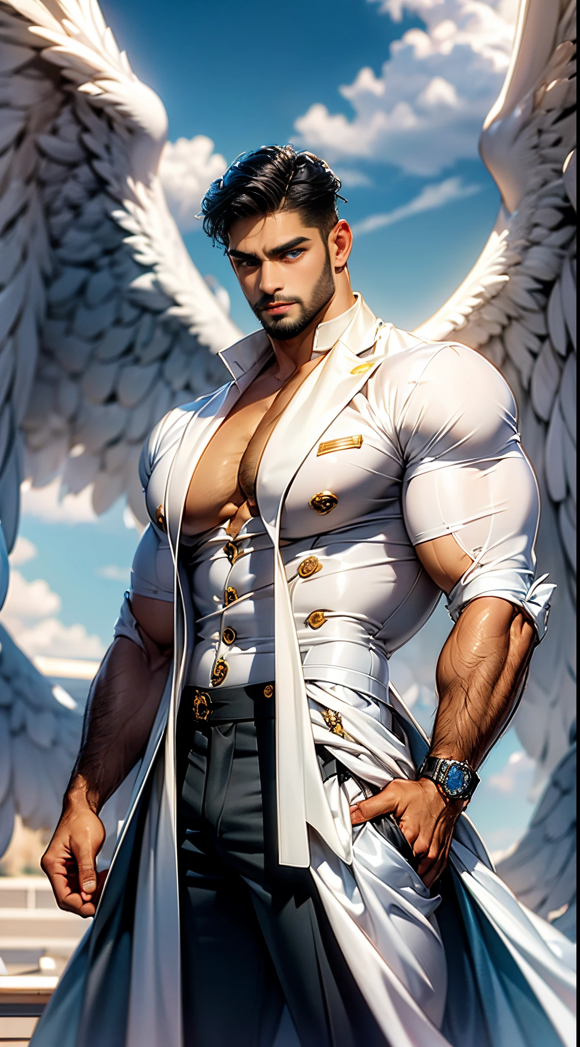 (best quality,ultra-detailed,realistic:1.37), Daegan Tronos Character(1), handsome, dark skin, dark-tanned, perfect wings angel, symmetrical wings,blue eyes,small beard, medium-long haircut,casual outfit, urban italian clothing, trench coat, man stance, attractive,vibrant colors, modern long outfit, fight punch pose, epic wallpaper.