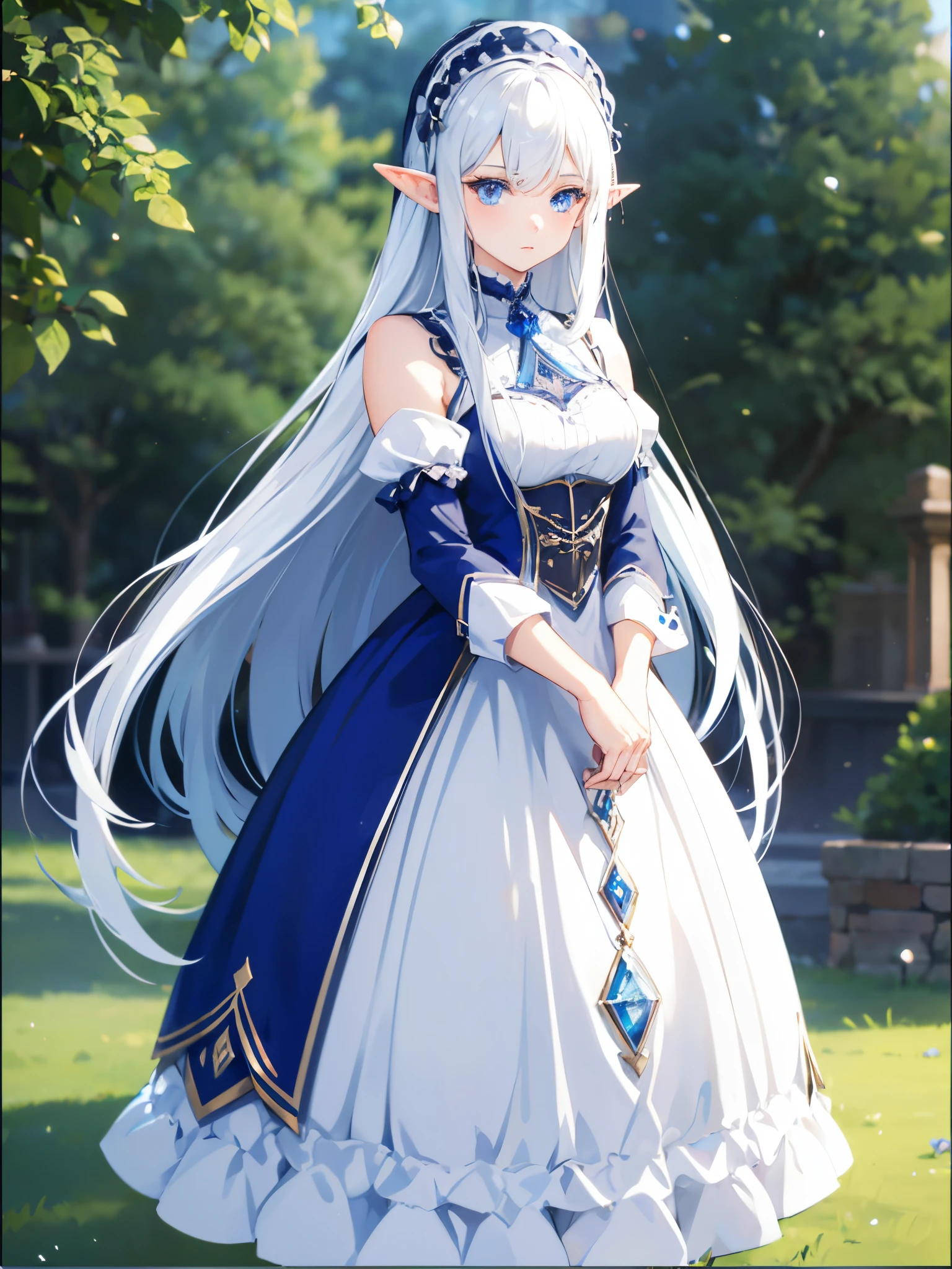 1 woman, elf, silver hair, blue eyes, maid, standing on ground, high res, ultra sharp, 8K, masterpiece