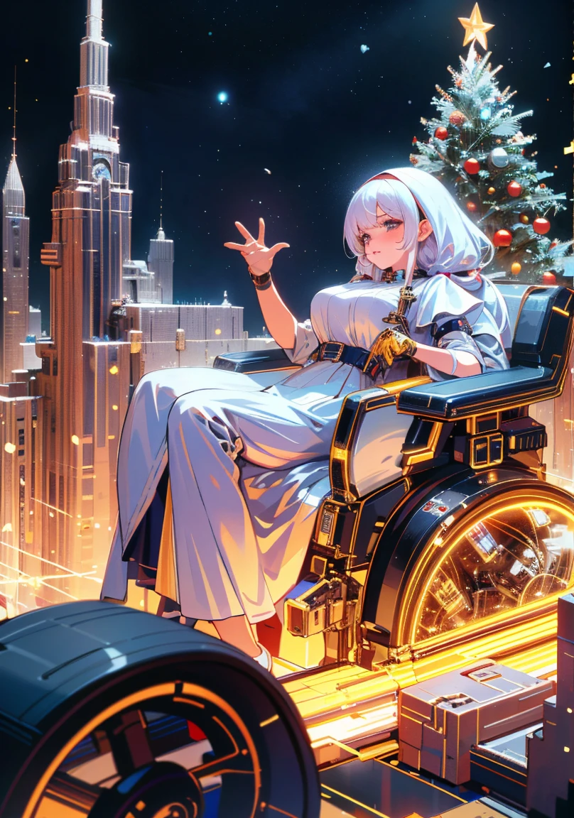 1 Christmas Mechanical Girl,Futuristic girl,Mechanical Union Christmas City Background,model shoot style, (extremely detaild的 CG unified 8k wallpapers), The beauty of abstract style,,hyper realisitc, 8K, super detailing, Best quality, Award-Awarded, Anatomically correct, 16k, super detailing