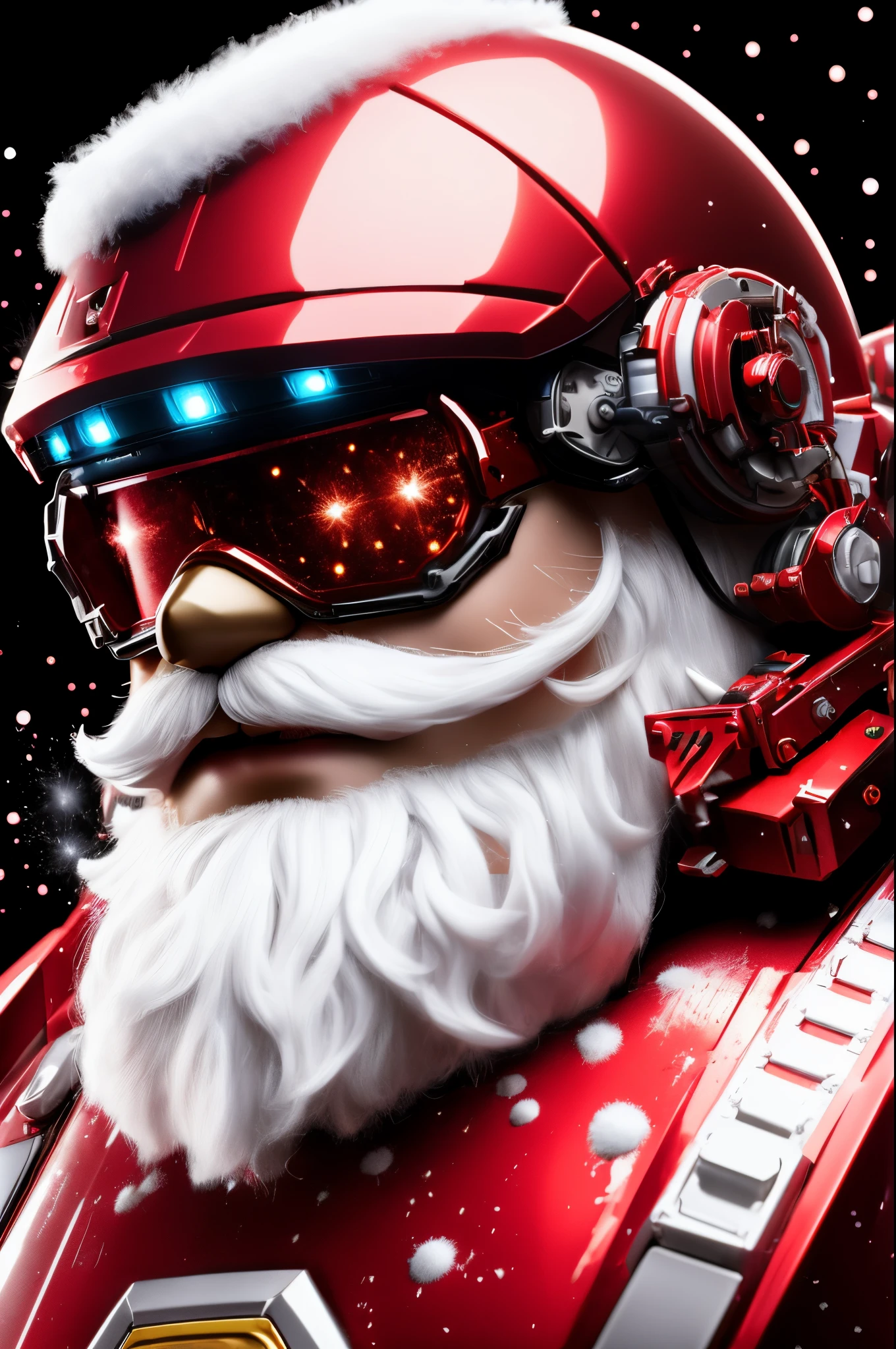 santa，Mechanical armor，red colour，white mustache，chibi,full bodyesbian，flaming background，Splattering art