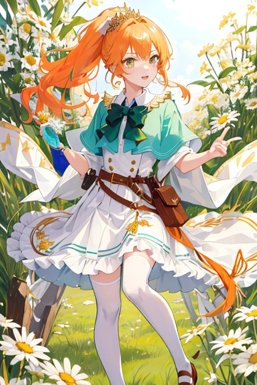 ((tmasterpiece:1.4,Best quality))++,(hyper-detailing)+,(Best quality,hyper-detailing,vibrant with colors,rich colourful,dynamic angle,hight contrast:1.2),A age girl,Height 148cm,short,With golden cat ears and cat tail,((dual horsetail )),Hair color:golden colored, eyecolor:golden colored ,Small white daisies((symbol)),Small dress+shawl+Small leather shoes,Short white stockingaid ribbon tiara,short sleeve skirt,The shawl should be longer than the skirt(like a cloak),The overall color is:white colors,mint green,orange colors,gold and orange ,A fanny pack hanging from the belt around the waist,The main accessories are:Pale or white daisies and golden bellells and ribbon bows must be tied to the ponytail,Golden bells(Accessories)The weapon is a staff, To draw a playful and cute character,freshen,delicated face,exquisite facial featurerom below:0.5), Fashionab, with dynamism, garments, posing on a, frontage, rich colourful, dyna, Background with, element in, self-assured, Expressing the, statement, fittings, A majestic, coil, Runt, Scenes, Cover of a, boldness, attention-grabbing, Fashionab, typeface, Catchy, attention-grabbinodern day, Fashionab, focal, Fashionab