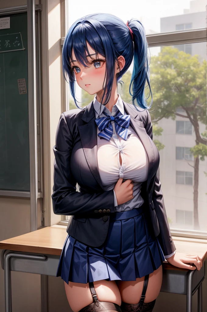 1girl face, blue hair, shy, modest, 1girl, large breasts, huge chest, short pony tail,, skirt, school uniform, shirt, outdoor, slim body, garter belt, blazer, classroom