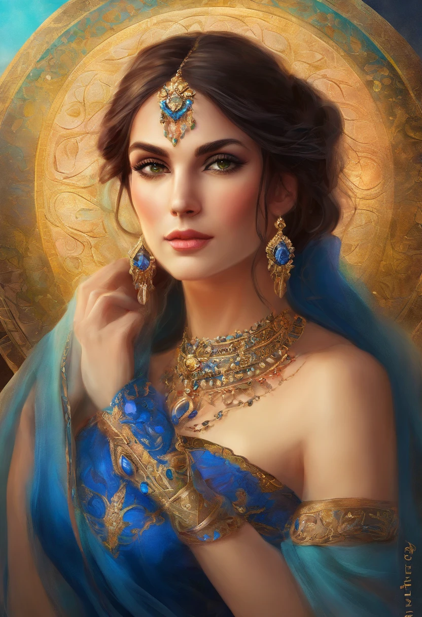 Portrait of a gypsy woman's face in high definition, round face, large bright green eyes, full red mouth, wearing large cascading blue sapphire earrings, cobalt blue dress with neckline and silver embroidery, long black hair, woman with eyes sexy and seductive looking at camera.