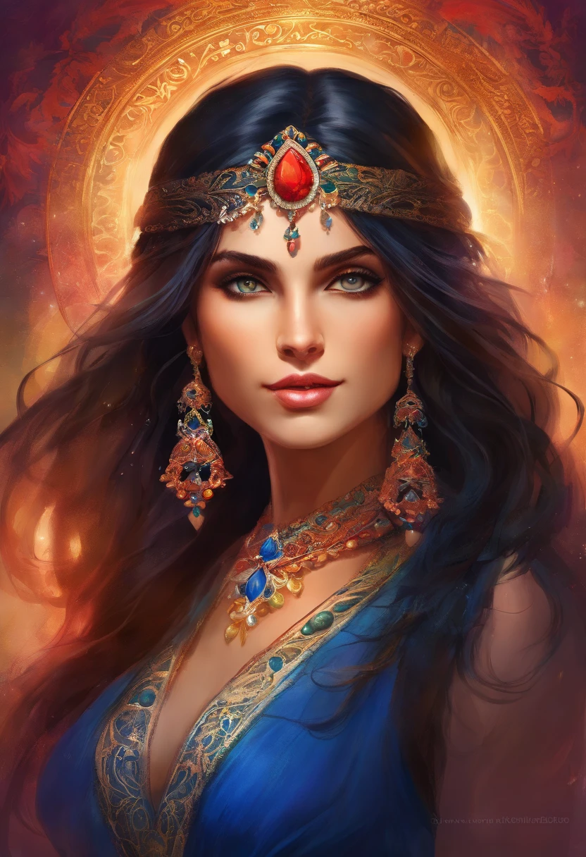 Portrait of a gypsy woman's face in high definition, round face, large bright green eyes, full red mouth, wearing large cascading blue sapphire earrings, cobalt blue dress with neckline and silver embroidery, long black hair, woman with eyes sexy and seductive looking at camera.