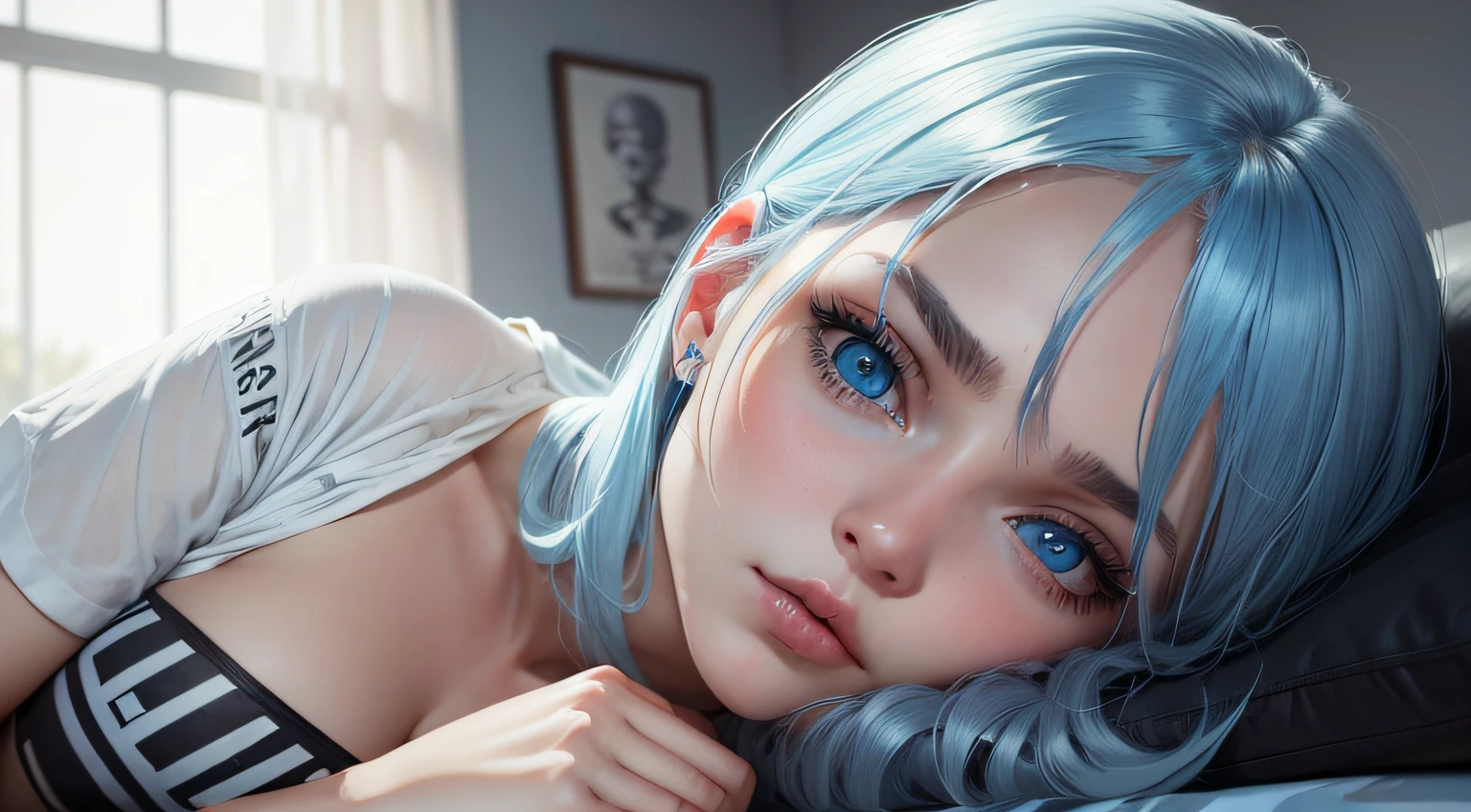 1 fille russe, cheveux bleu clair, beaux yeux bleus, t-shirt tête de mort black, placer sur un mur blanc au centre de l'image,j'attends sur le lit, montre ton visage, on side, ultra realist