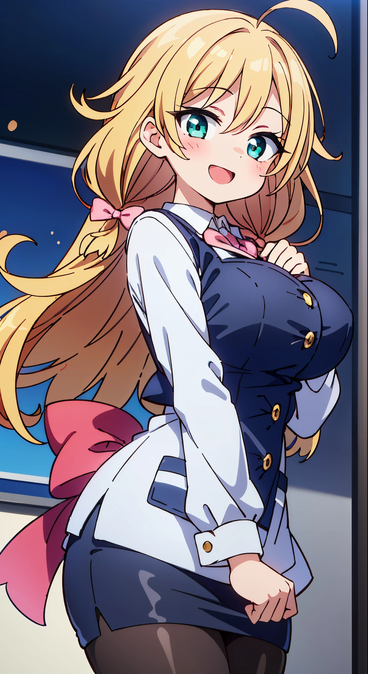 (masutepiece, Best Quality, Perfect Anatomy, High quality:1.4), absurderes, absolutely resolution, unbelievable Ridiculous, hight resolution, ultra-detailliert, Official art, Unity 8k壁纸, Kinetic typography,nice hand, Perfect hands, Detailed beautiful hands, Large_filesize, fulcolor, hight resolution, symmetric, exceptional, Best aesthetic, newest, Anime, very beautiful detailed body,The hair,faces,The eye, BREAK, 1 beautiful girl, girl with, (Cute:1.5),(Chibi:0.5),(kawaii:2.0),(Lori:2.0),(12 year old girl),(large full breasts:1.65),(Ahoge,Twin braids,Blonde hair, blue bow, Green eyes,eyebrows visible through hair,side locks,Parted bangs,Long hair, Hair Flower, Hair Ornament, Big ribbon in the hair, Curly hair,Bow:1.4),:el,White feathers, one white winged, Angel wings,Spread wings, Glowing wings),pitt \( Icarus\),gleaming skin, Clear skin, shining beautiful skin, Open mouth,Smile, Solo, tusk, Upper teeth,(long eyelashes, Double eyelids:1.2),Solo,gleaming skin, Clear skin, Beautiful skin,(best quality face),(Top quality glowing eyes),(The best smile,Doya face:1.45), 

BREAK,(white and gray theme:1.3), (wearing in [[white and gray check pattern]] Vest worn over white collared long-sleeved shirt:1.4), (gray vest with buttons:1.2),
BREAK (Pink Theme:1.2), (pink ribbon bow:1.3),
BREAK (Black theme:1.4), (Tight black pencil skirt:1.5), (pantyhose:1.3), (high-heels:1.1),


BREAK ,(Office, desk work, whiteboard, sofa, buildings from window,Makuhoku Computer,
(upward looking gaze :1.2) ,
Looking Up ,
From  above ,depth of fields,

 BREAK,wakame,wakame,wakame,(Cowboy Shot:1.4), 

BREAK,(Blurry background:1.3),(absurderes, hight resolution, Super Detail Art),cel shading,Clear Color, Lonely optical effect, Beautiful pictures, Bright glow, mystic atmosphere,(Close-up of girl:1.1), Mystical light particle effect,manga influence, clean line drawings,