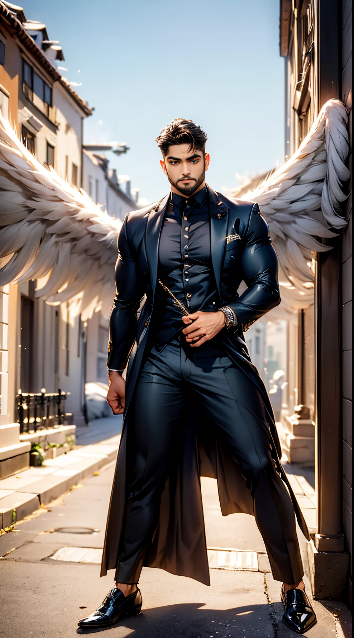 (best quality,ultra-detailed,realistic:1.37), Daegan Tronos Character(1), handsome, dark skin, dark-tanned, perfect wings angel, symmetrical wings,blue eyes,small beard, medium-long haircut,casual outfit, urban italian clothing, trench coat, man stance, attractive,vibrant colors, modern long outfit, fight punch pose, epic wallpaper.